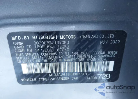 2023 Mitsubishi Mirage Es/Le из США, поврежденный, VIN ML32AUHJ1PH003319